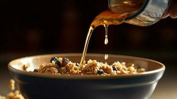 a bowl of granola being poured into a bowl photo