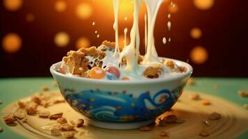 a bowl of cereal with milk pouring into it photo