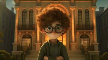 a boy with curly hair and glasses stands in front photo