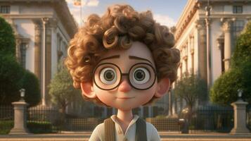 a boy with curly hair and glasses stands in front photo