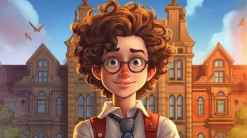 a boy with curly hair and glasses stands in front photo