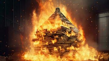 a burning house of stack of money photo