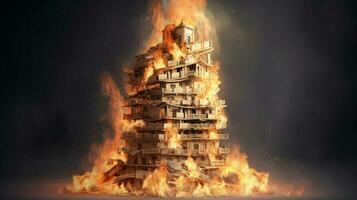 a burning house of stack of money photo