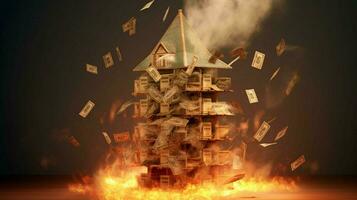 a burning house of stack of money photo