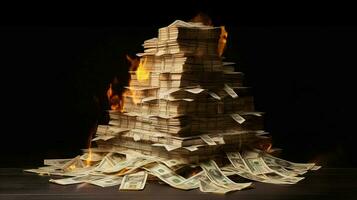 a burning house of stack of money photo