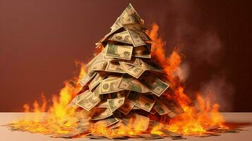 a burning house of stack of money photo