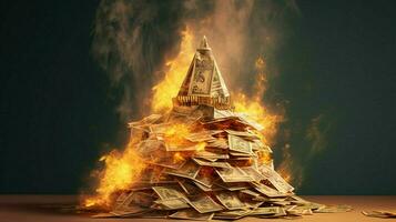 a burning house of stack of money photo