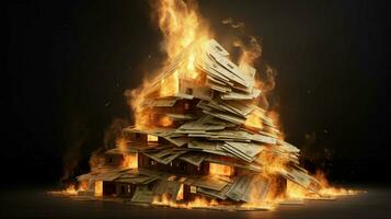 a burning house of stack of money photo