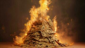 a burning house of stack of money photo