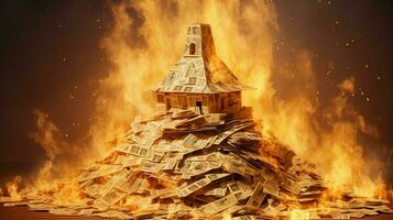 a burning house of stack of money photo