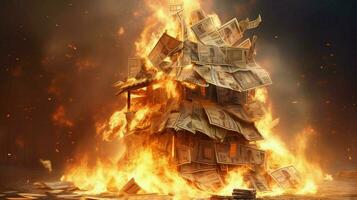 a burning house of stack of money photo