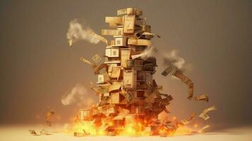 a burning house of stack of money photo