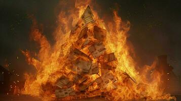 a burning house of stack of money photo