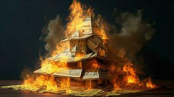 a burning house of stack of money photo