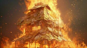 a burning house of stack of money photo