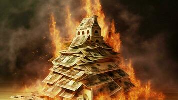 un ardiente casa de apilar de dinero foto