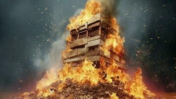 a burning house of stack of money photo