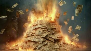 a burning house of stack of money photo