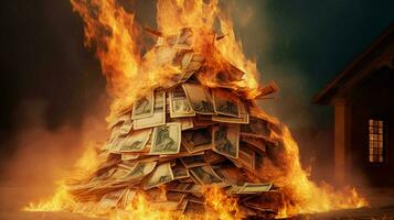 un ardiente casa de apilar de dinero foto