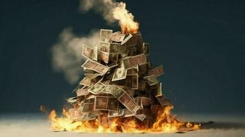 a burning house of stack of money photo