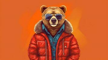 un dibujos animados oso vistiendo un chaqueta y Gafas de sol foto