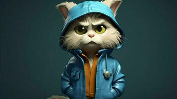 a cartoon cat wearing a blue jacket with a letter photo