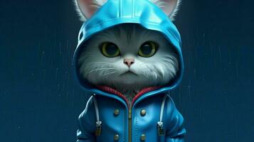 a cartoon cat wearing a blue jacket with a letter photo