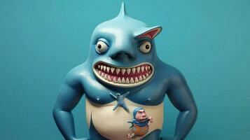 a cartoon character with a blue face and a shark photo