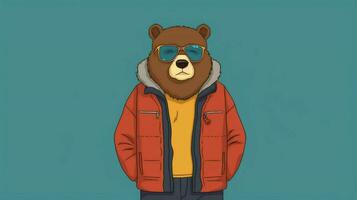 un dibujos animados oso vistiendo un chaqueta y Gafas de sol foto