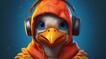 a cartoon chicken with a hood and headphones photo