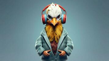 a cartoon chicken with a hood and headphones photo