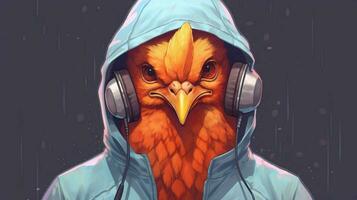 a cartoon chicken with a hood and headphones photo