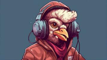 a cartoon chicken with a hood and headphones photo