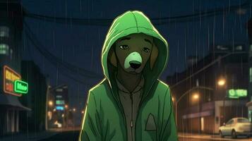 un dibujos animados perro con un verde capucha y un verde hoo foto