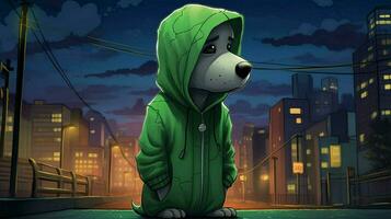 a cartoon dog with a green hoodie and a green hoo photo