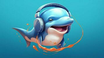 a cartoon dolphin with a headphones on his head photo