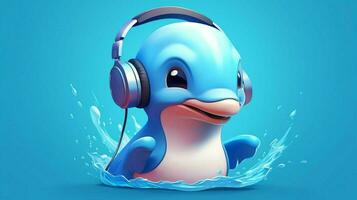 a cartoon dolphin with a headphones on his head photo