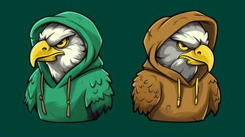 a cartoon eagle with a green hoodie and a green photo