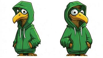 a cartoon eagle with a green hoodie and a green photo