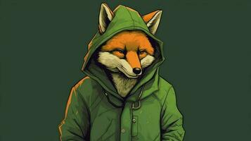 a cartoon fox with a green jacket and a green hoodie photo