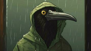 a cartoon image of a bird wearing a green jacket photo