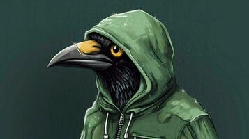 a cartoon image of a bird wearing a green jacket photo