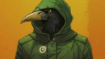 a cartoon image of a bird wearing a green jacket photo