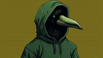 un dibujos animados imagen de un pájaro vistiendo un verde chaqueta foto