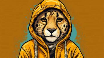 a cartoon image of a cheetah wearing a jacket and photo
