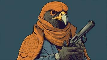 a cartoon image of a hawk with a gun and a gun on photo