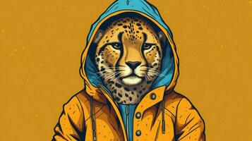 a cartoon image of a cheetah wearing a jacket and photo