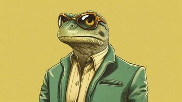 a cartoon image of a lizard wearing a jacket and photo