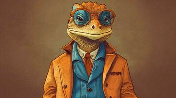 a cartoon image of a lizard wearing a jacket and photo