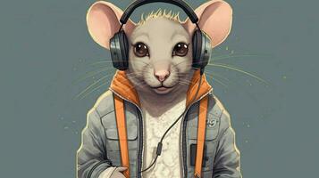 a cartoon image of a rat wearing headphones photo